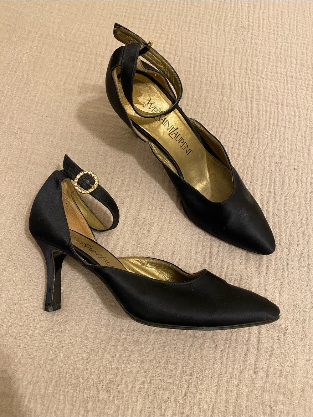 Saint Laurent Black Pointed Ankle-Strap Pumps with Gold Accent. Size 5 1/2
